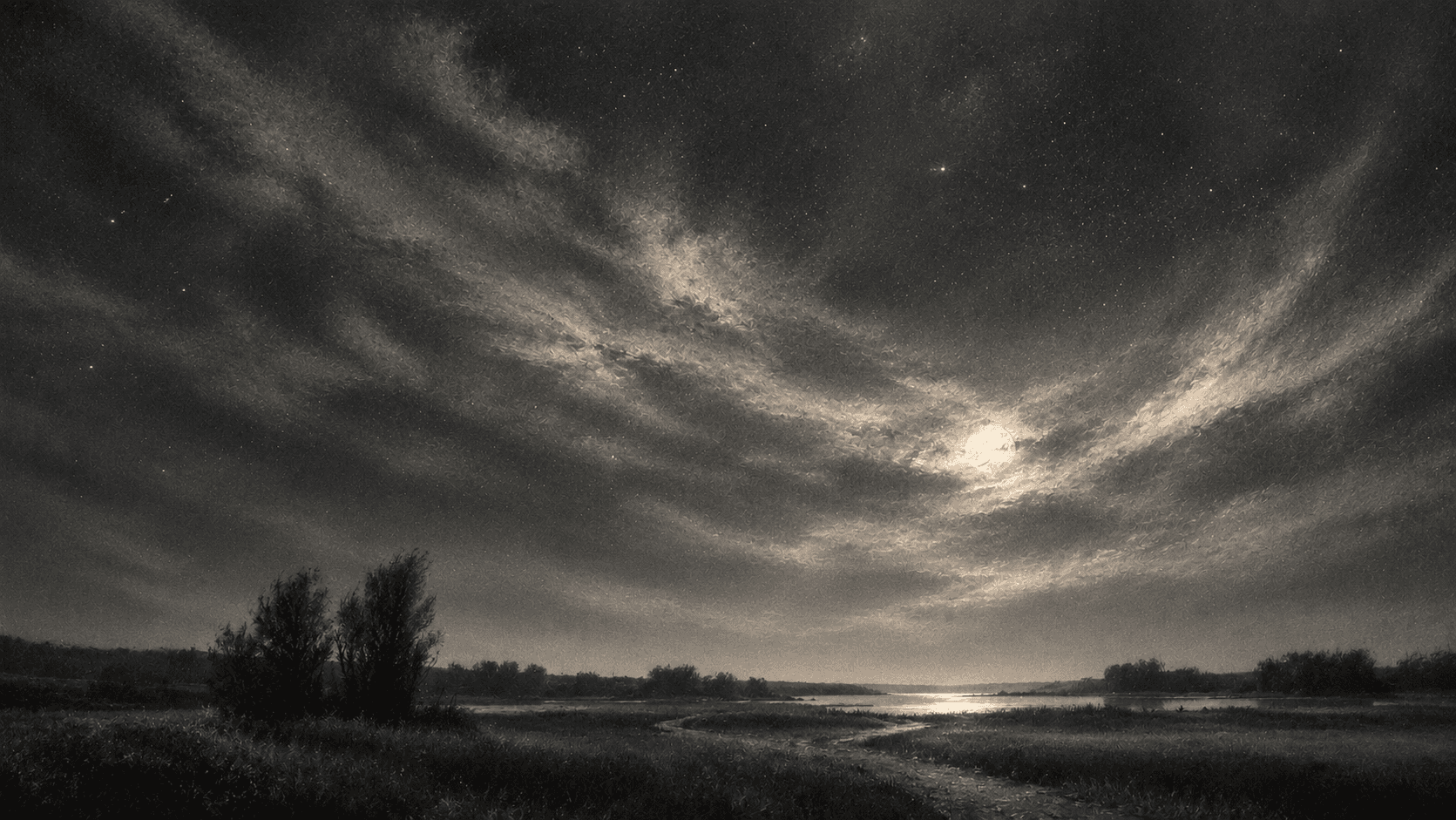 A moonlit river landscape beneath a wide night sky